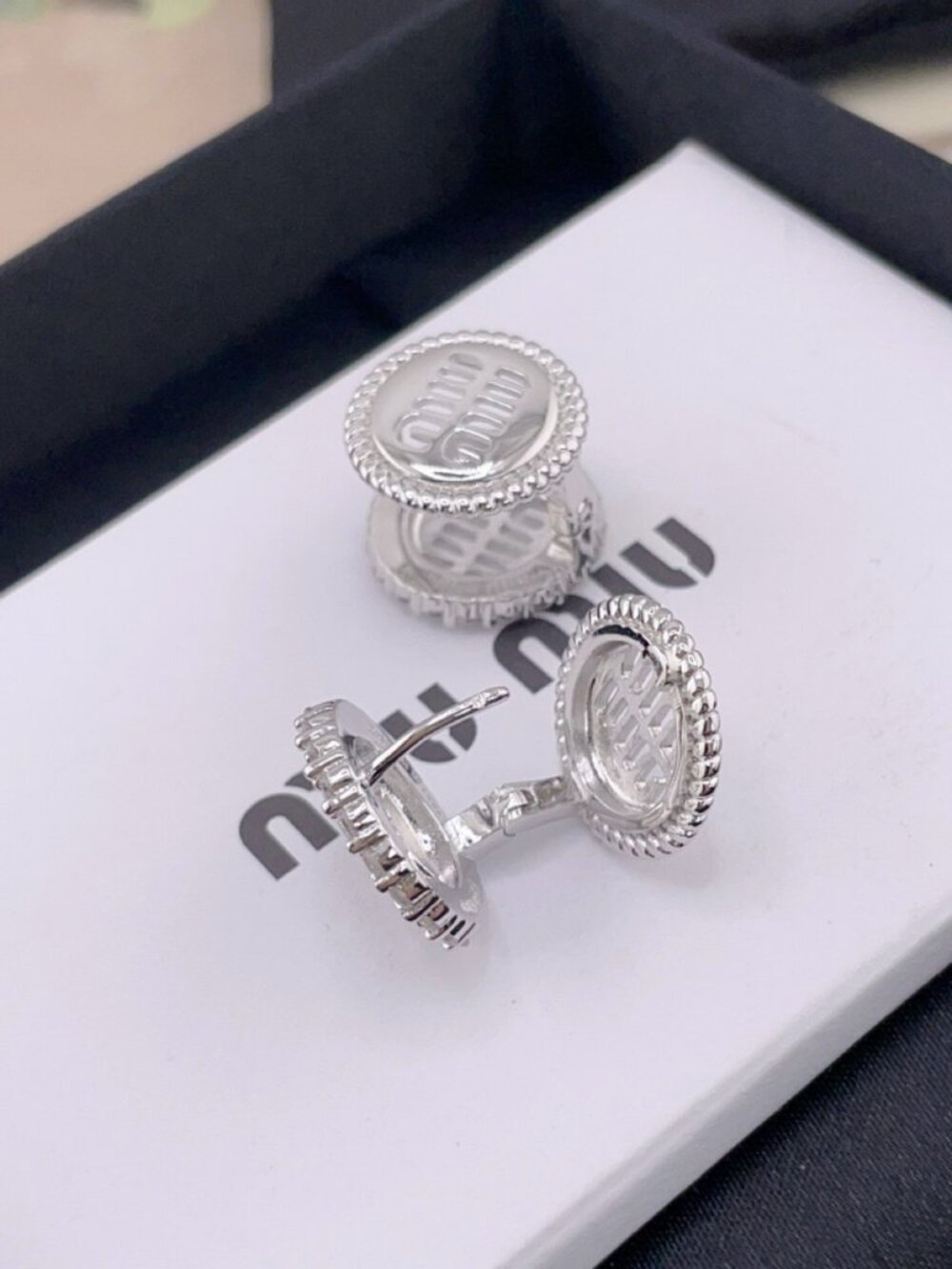 Miu Miu Silver-Tone Embossed Logo Stud Earrings with Beaded Edge
